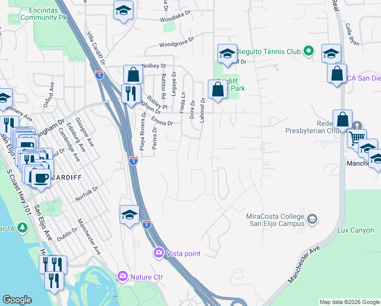 map of restaurants, bars, coffee shops, grocery stores, and more near 1939 Park Crest Drive in Encinitas