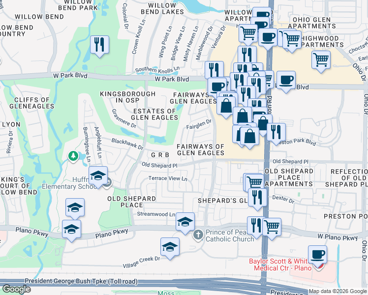 map of restaurants, bars, coffee shops, grocery stores, and more near 1620 Old Course Drive in Plano