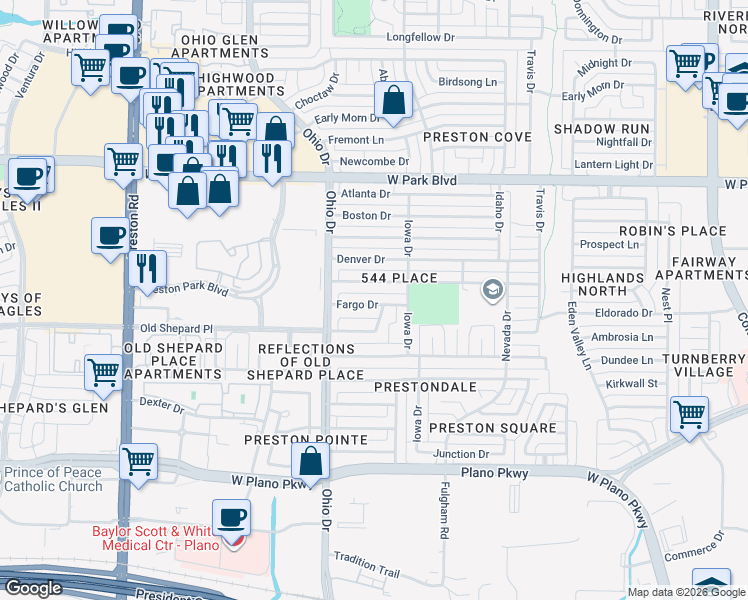 map of restaurants, bars, coffee shops, grocery stores, and more near 4521 Fargo Drive in Plano