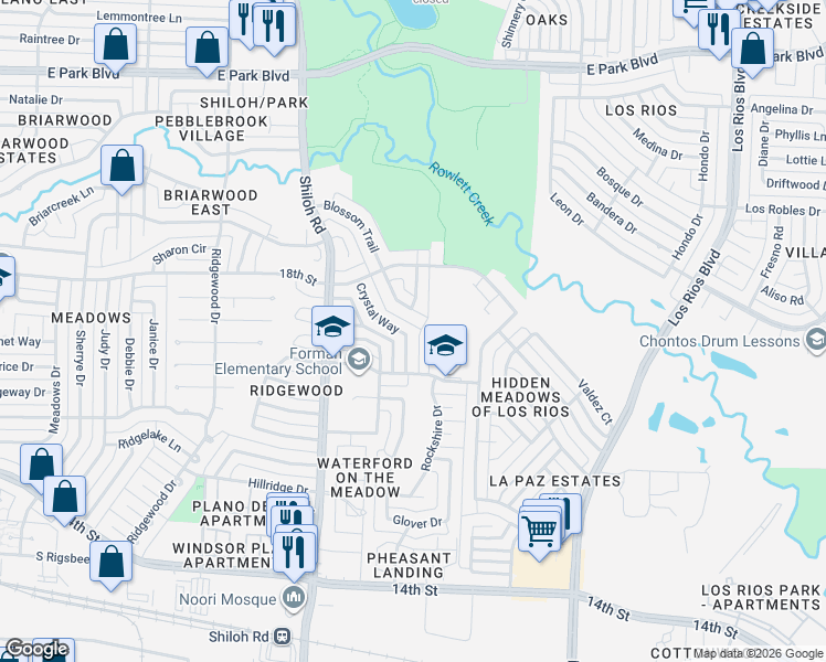 map of restaurants, bars, coffee shops, grocery stores, and more near 1729 Blossom Trail in Plano