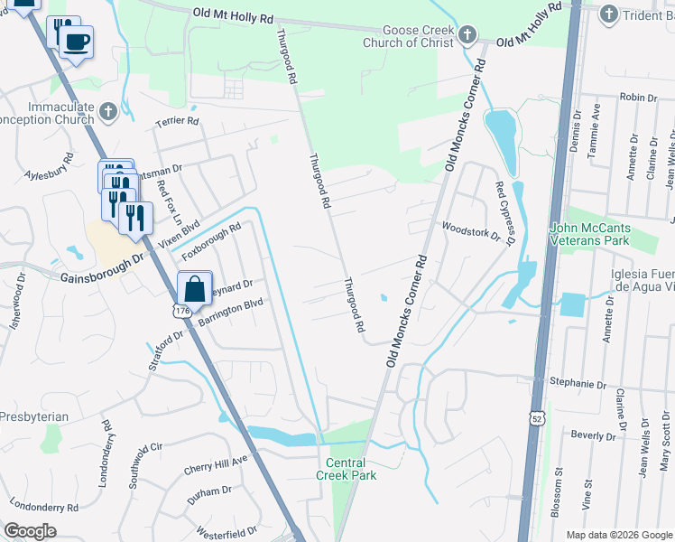 map of restaurants, bars, coffee shops, grocery stores, and more near 513 Thurgood Road in Goose Creek