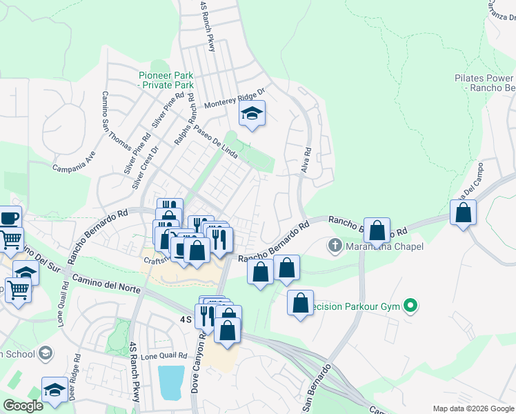 map of restaurants, bars, coffee shops, grocery stores, and more near 17017 New Rochelle Way in San Diego