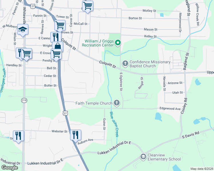 map of restaurants, bars, coffee shops, grocery stores, and more near 724 Pyracantha Drive in LaGrange