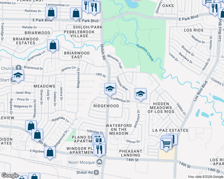 map of restaurants, bars, coffee shops, grocery stores, and more near 3613 Hendrick Drive in Plano