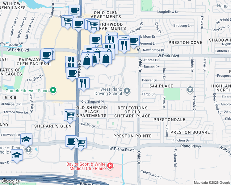 map of restaurants, bars, coffee shops, grocery stores, and more near 4700 Preston Park Boulevard in Plano