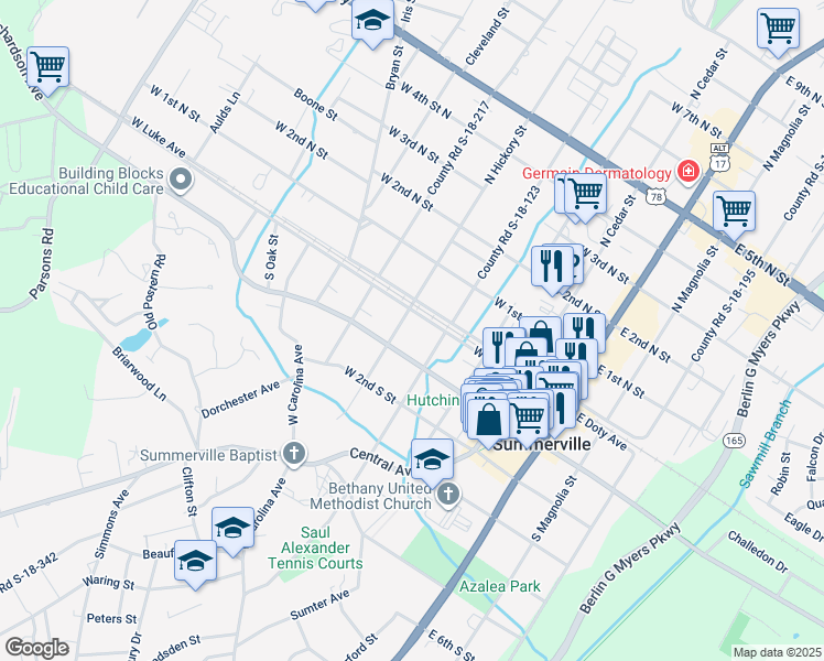 map of restaurants, bars, coffee shops, grocery stores, and more near 105 South Hickory Street in Summerville