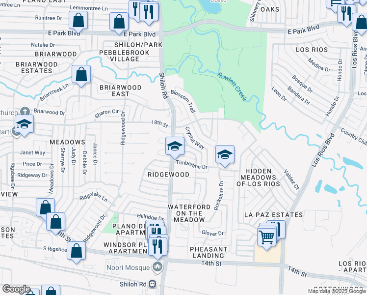 map of restaurants, bars, coffee shops, grocery stores, and more near 3613 Hendrick Drive in Plano
