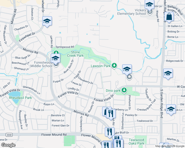 map of restaurants, bars, coffee shops, grocery stores, and more near 2724 Skinner Drive in Flower Mound