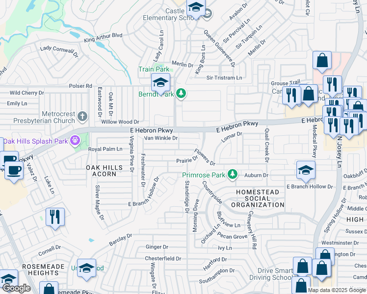 map of restaurants, bars, coffee shops, grocery stores, and more near 1505 Flowers Drive in Carrollton