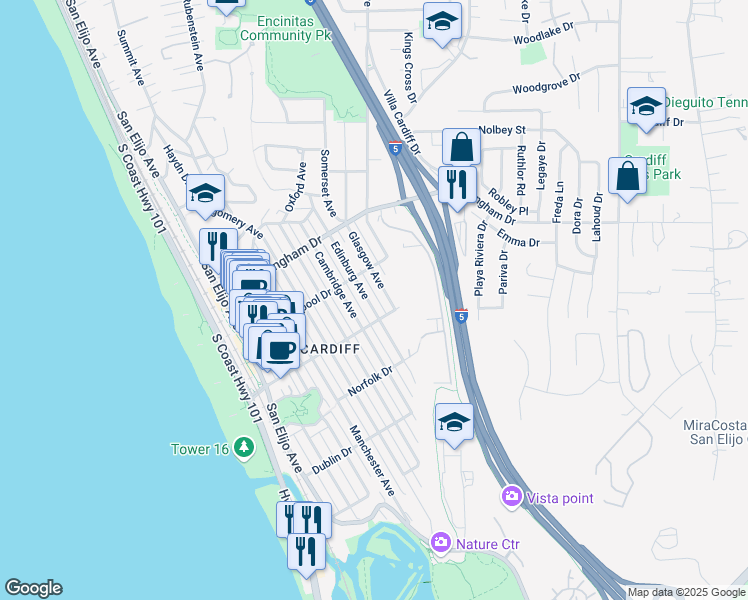 map of restaurants, bars, coffee shops, grocery stores, and more near 2142 Edinburg Avenue in Encinitas