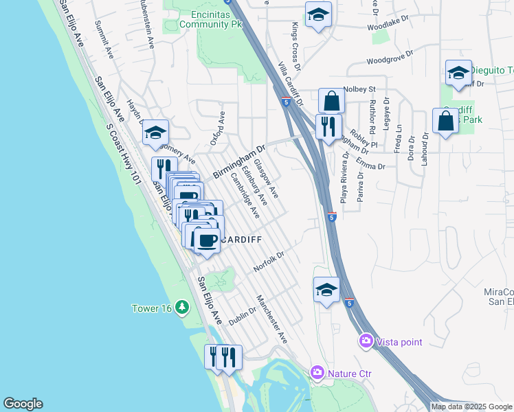 map of restaurants, bars, coffee shops, grocery stores, and more near 2142 Edinburg Avenue in Encinitas