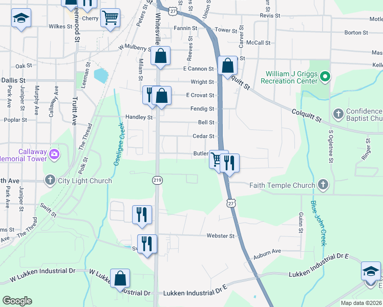 map of restaurants, bars, coffee shops, grocery stores, and more near 1101 Boggs Street in LaGrange
