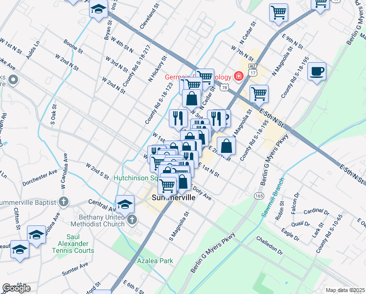 map of restaurants, bars, coffee shops, grocery stores, and more near 137 E 1st N St in Summerville