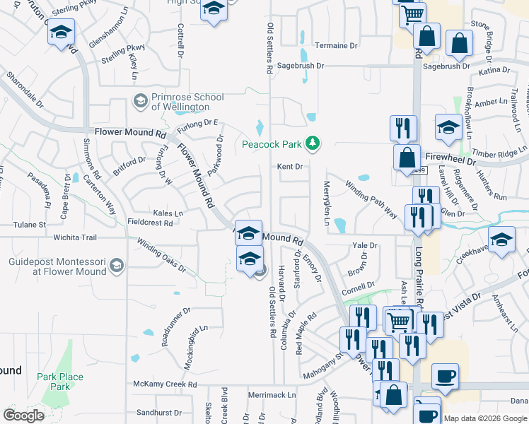 map of restaurants, bars, coffee shops, grocery stores, and more near 3301 Arbor Creek Lane in Flower Mound