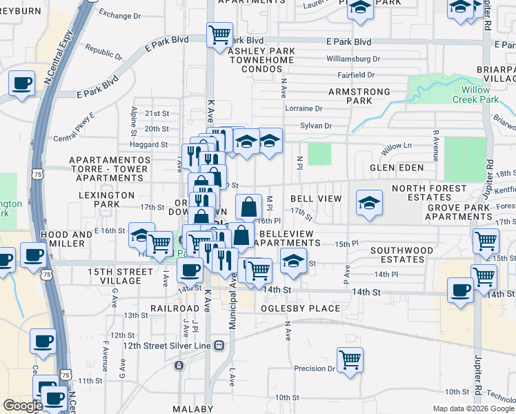 map of restaurants, bars, coffee shops, grocery stores, and more near 1700 M Avenue in Plano