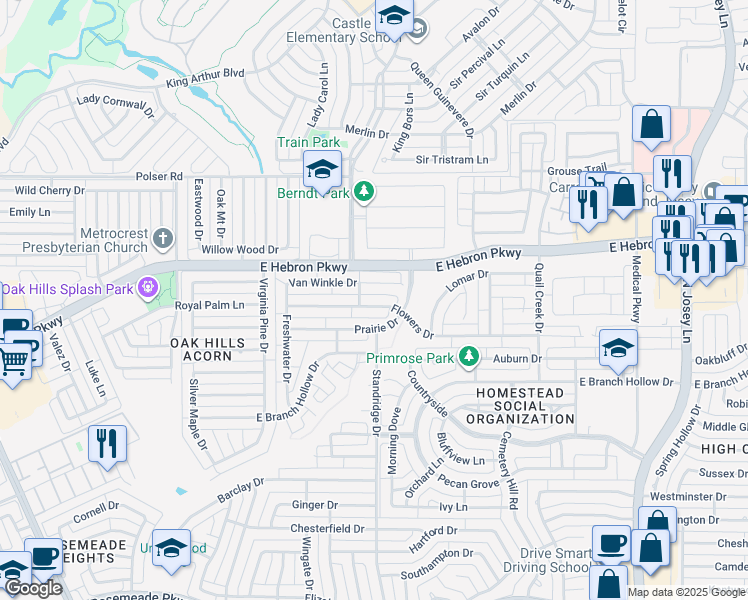 map of restaurants, bars, coffee shops, grocery stores, and more near 1505 Flowers Drive in Carrollton