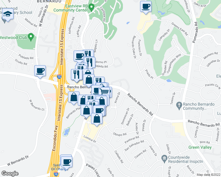 map of restaurants, bars, coffee shops, grocery stores, and more near 11989 Rancho Bernardo Road in San Diego