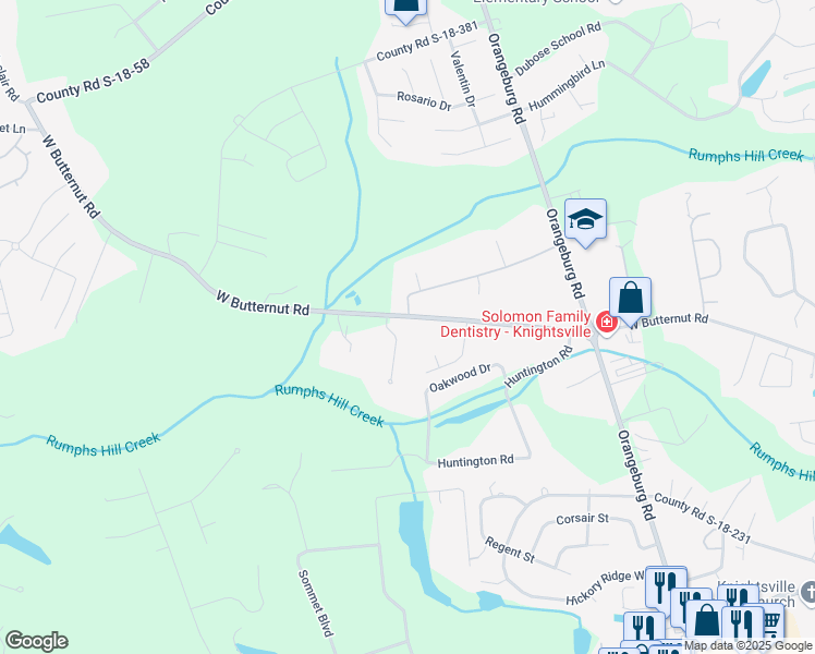 map of restaurants, bars, coffee shops, grocery stores, and more near 104 Stagecoach Lane in Summerville