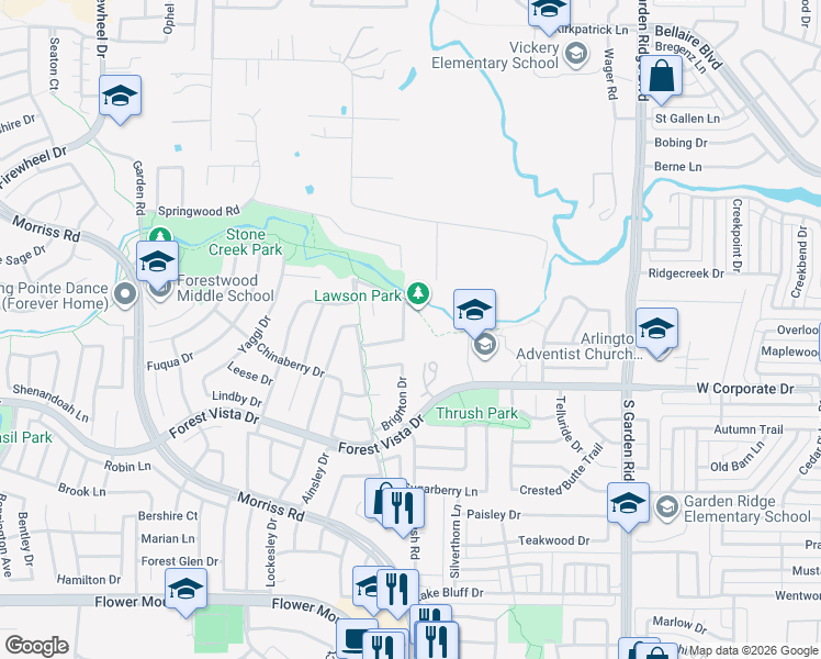 map of restaurants, bars, coffee shops, grocery stores, and more near 2800 Bur Oak Drive in Flower Mound