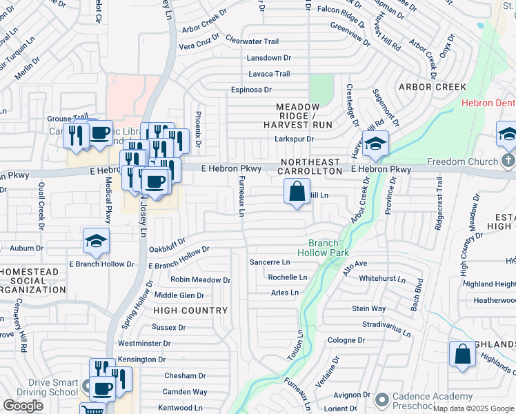 map of restaurants, bars, coffee shops, grocery stores, and more near 2009 Crestside Drive in Carrollton