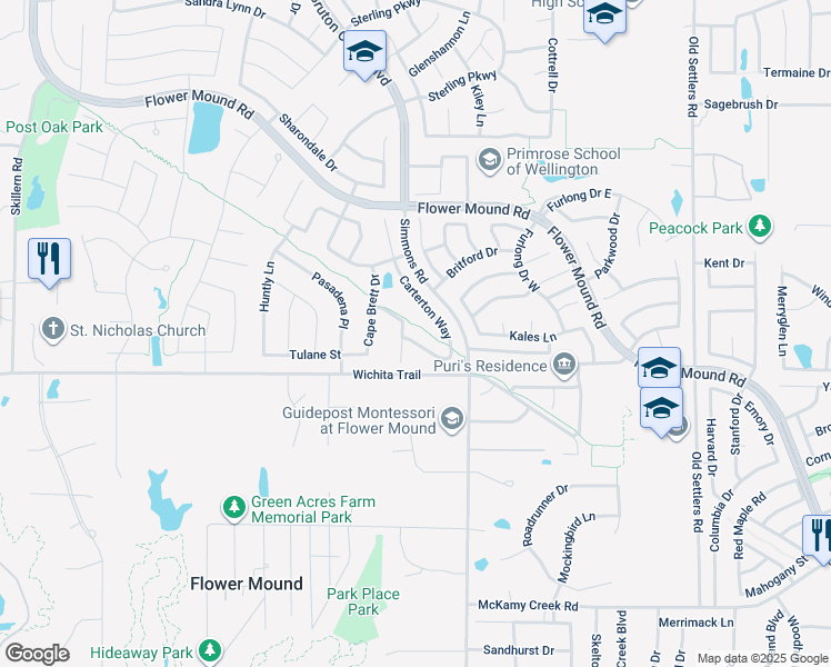 map of restaurants, bars, coffee shops, grocery stores, and more near 3824 Richland Road in Flower Mound