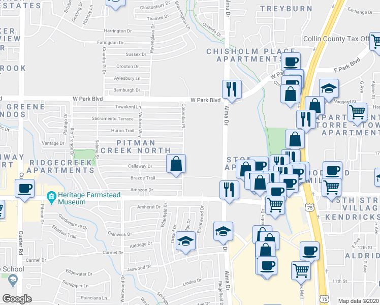map of restaurants, bars, coffee shops, grocery stores, and more near 1701 Alma Drive in Plano