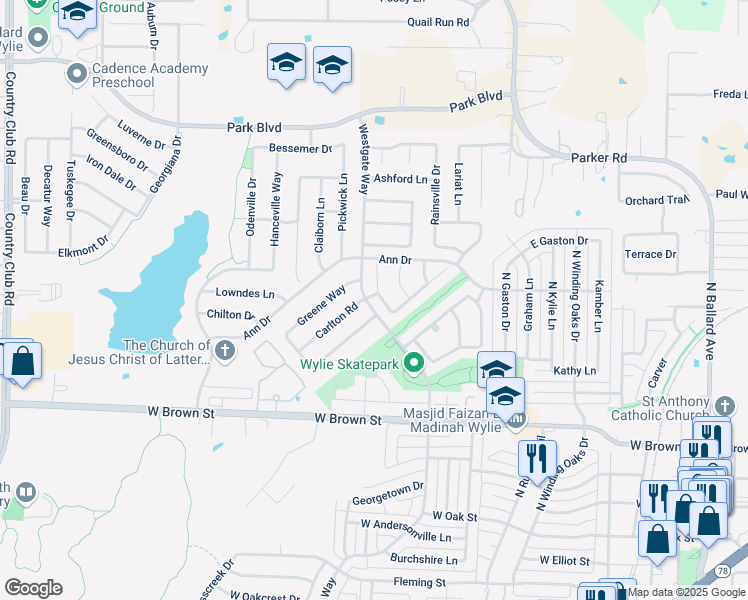 map of restaurants, bars, coffee shops, grocery stores, and more near 511 Robinwood Road in Wylie