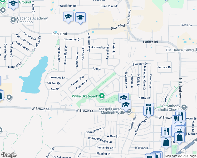 map of restaurants, bars, coffee shops, grocery stores, and more near 501 Brighton Court Road in Wylie