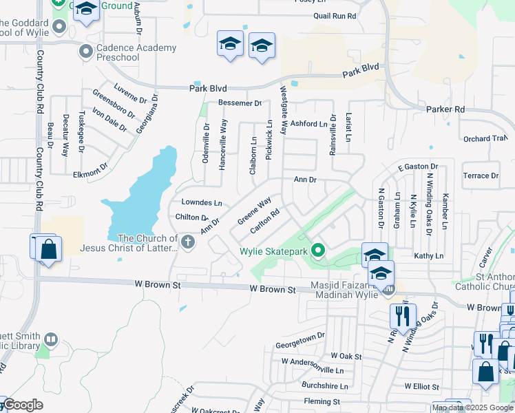 map of restaurants, bars, coffee shops, grocery stores, and more near 813 Greene Way in Wylie
