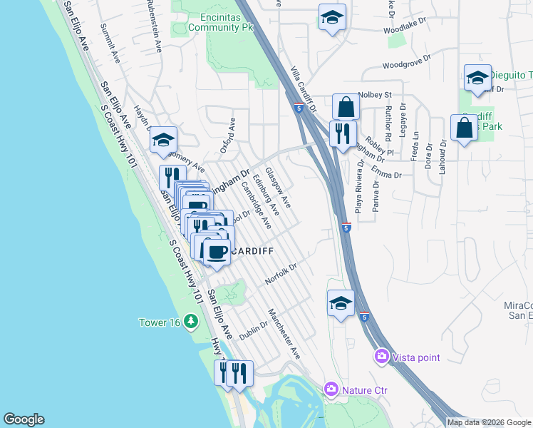 map of restaurants, bars, coffee shops, grocery stores, and more near 2129 Cambridge Avenue in Encinitas