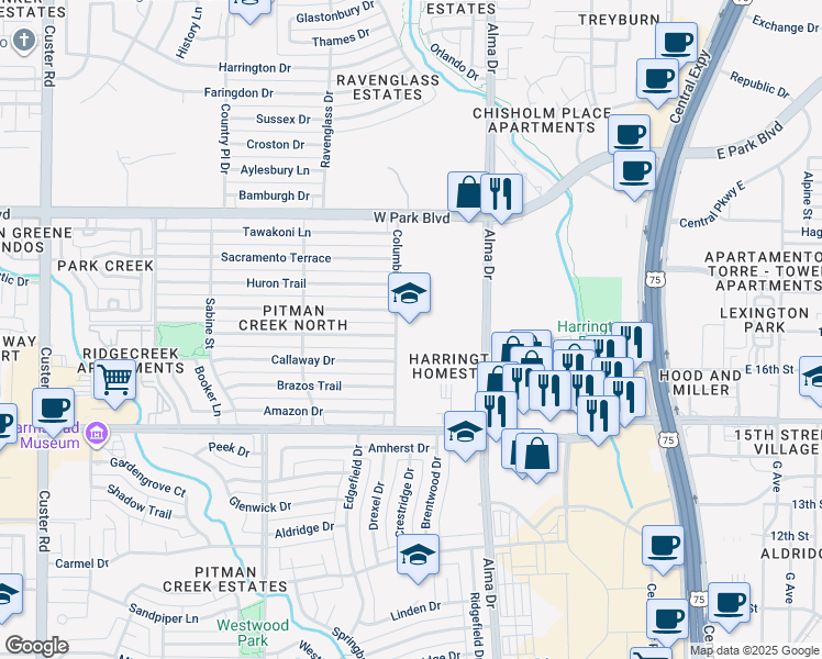 map of restaurants, bars, coffee shops, grocery stores, and more near 1701 Alma Drive in Plano