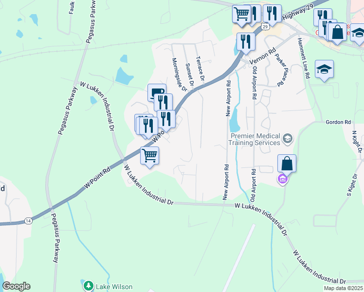 map of restaurants, bars, coffee shops, grocery stores, and more near 2111 West Point Road in LaGrange