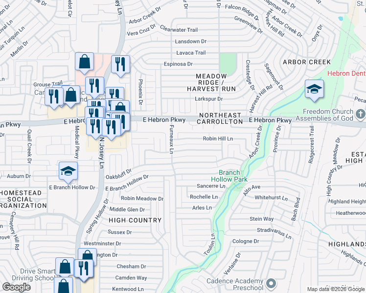 map of restaurants, bars, coffee shops, grocery stores, and more near 2009 Crestside Drive in Carrollton