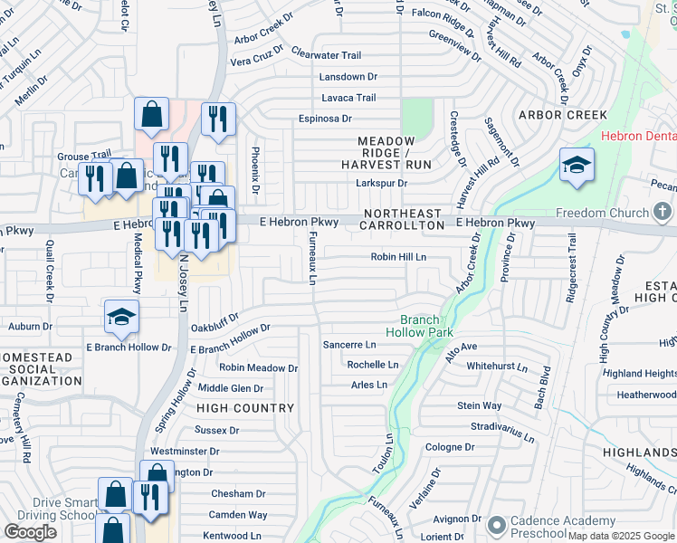 map of restaurants, bars, coffee shops, grocery stores, and more near 2009 Crestside Drive in Carrollton
