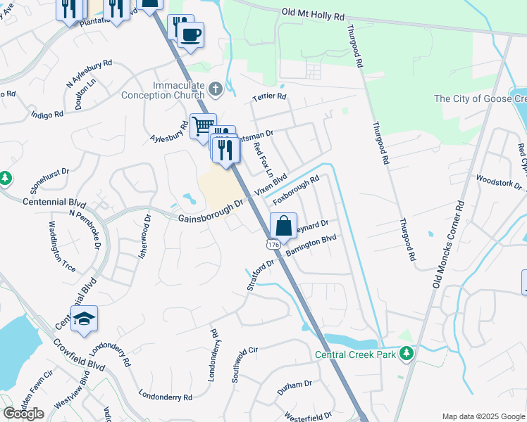 map of restaurants, bars, coffee shops, grocery stores, and more near 219 Kennington Drive in Goose Creek