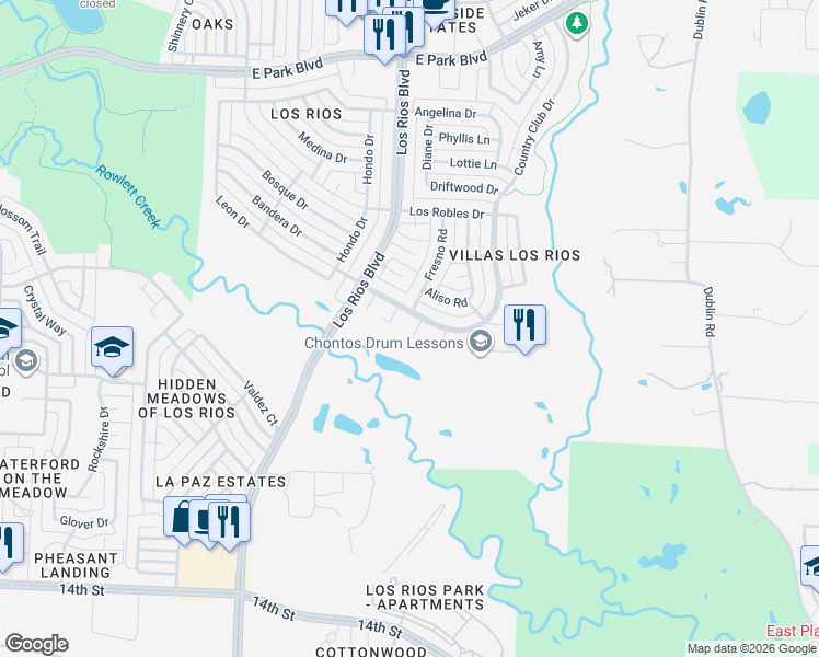map of restaurants, bars, coffee shops, grocery stores, and more near 1709 Alameda Court in Plano