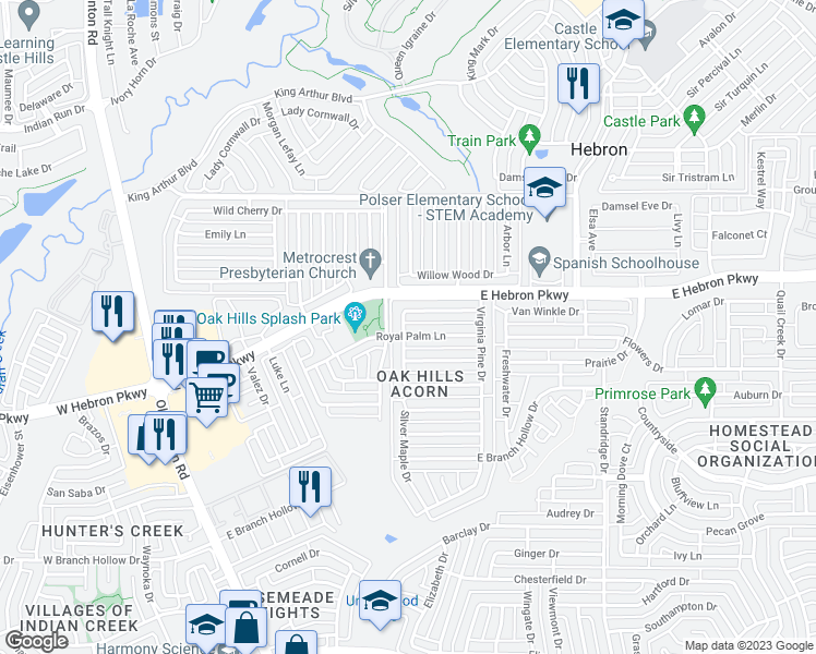 map of restaurants, bars, coffee shops, grocery stores, and more near 1301 Royal Palm Lane in Carrollton