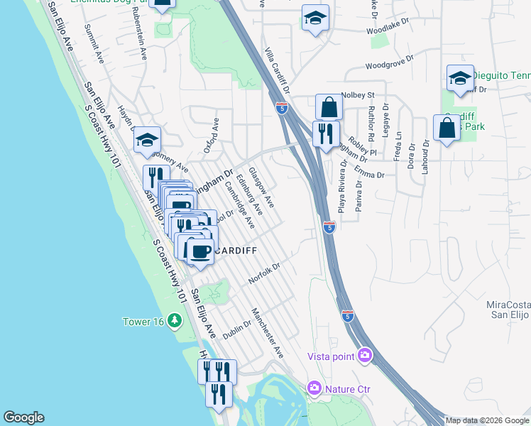 map of restaurants, bars, coffee shops, grocery stores, and more near 2142 Edinburg Avenue in Encinitas