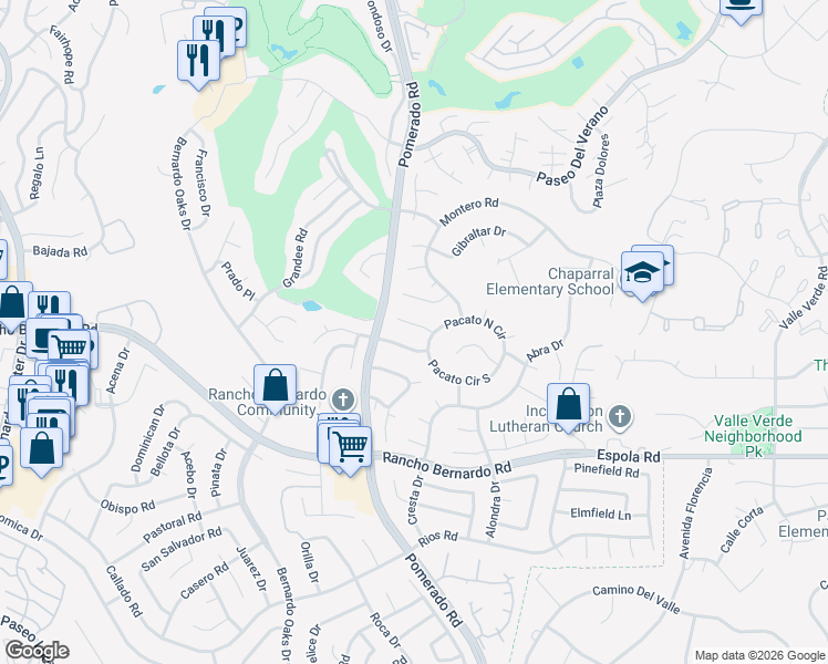 map of restaurants, bars, coffee shops, grocery stores, and more near 12502 Pacato Circle South in San Diego