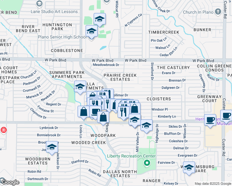 map of restaurants, bars, coffee shops, grocery stores, and more near 2809 Mollimar Drive in Plano