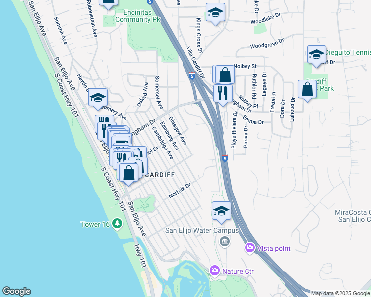 map of restaurants, bars, coffee shops, grocery stores, and more near 2156 Glasgow Avenue in Encinitas