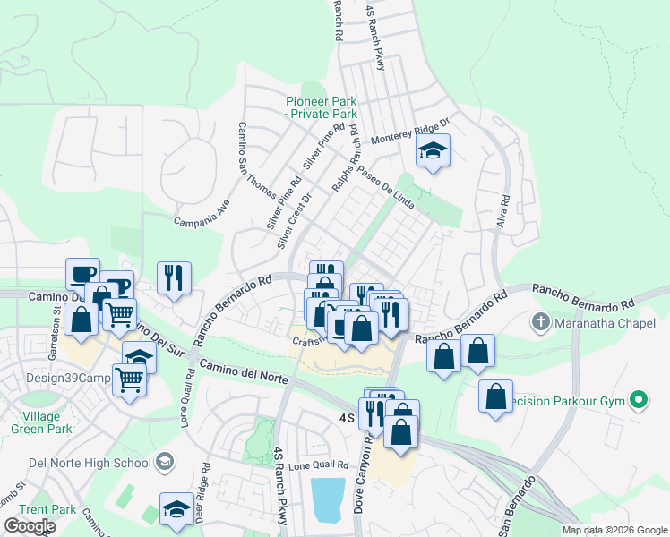 map of restaurants, bars, coffee shops, grocery stores, and more near 16935 Laurel Hill Lane in San Diego