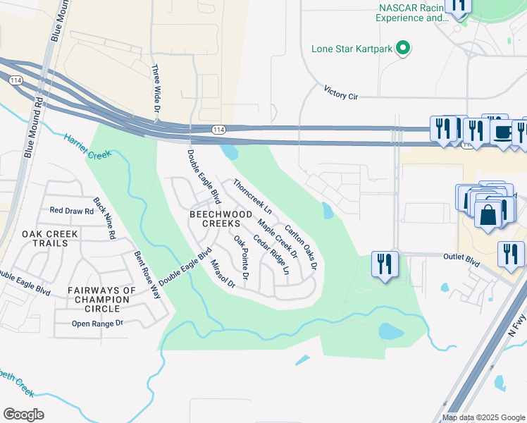 map of restaurants, bars, coffee shops, grocery stores, and more near 2820 Thorncreek Lane in Fort Worth