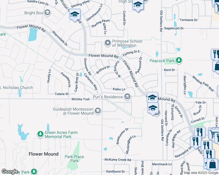 map of restaurants, bars, coffee shops, grocery stores, and more near 2901 Cedar Pass Court in Flower Mound