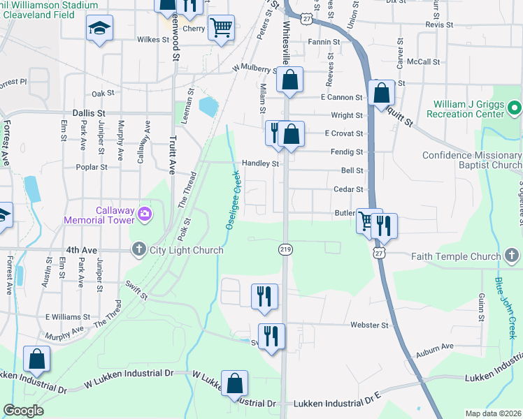 map of restaurants, bars, coffee shops, grocery stores, and more near 201 Chatham Street in LaGrange