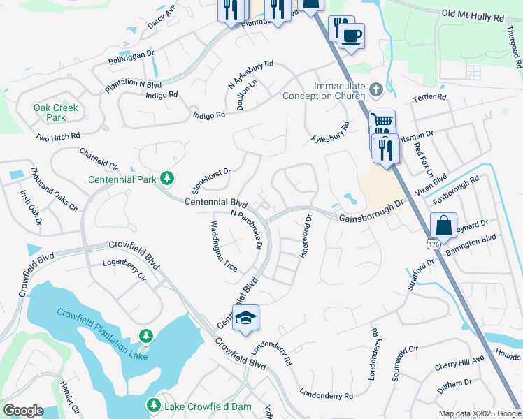 map of restaurants, bars, coffee shops, grocery stores, and more near 179 Turnmill Drive in Goose Creek