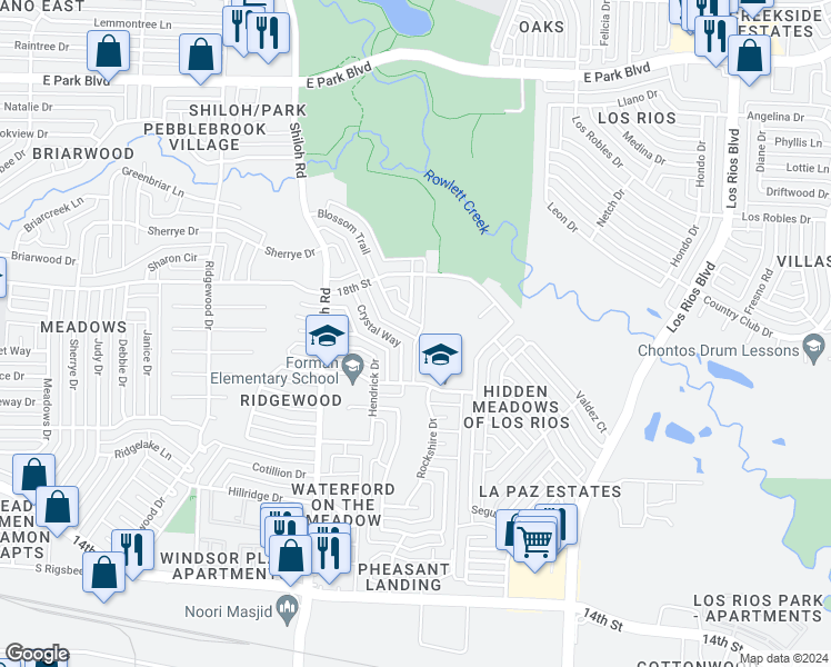 map of restaurants, bars, coffee shops, grocery stores, and more near 1729 Blossom Trail in Plano