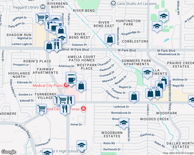 map of restaurants, bars, coffee shops, grocery stores, and more near 3616 Cromwell Street in Plano