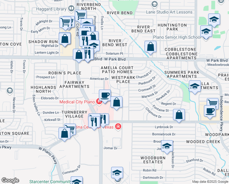 map of restaurants, bars, coffee shops, grocery stores, and more near 1600 Amelia Court in Plano