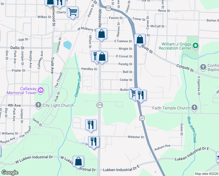 map of restaurants, bars, coffee shops, grocery stores, and more near 110 Butler Street in LaGrange